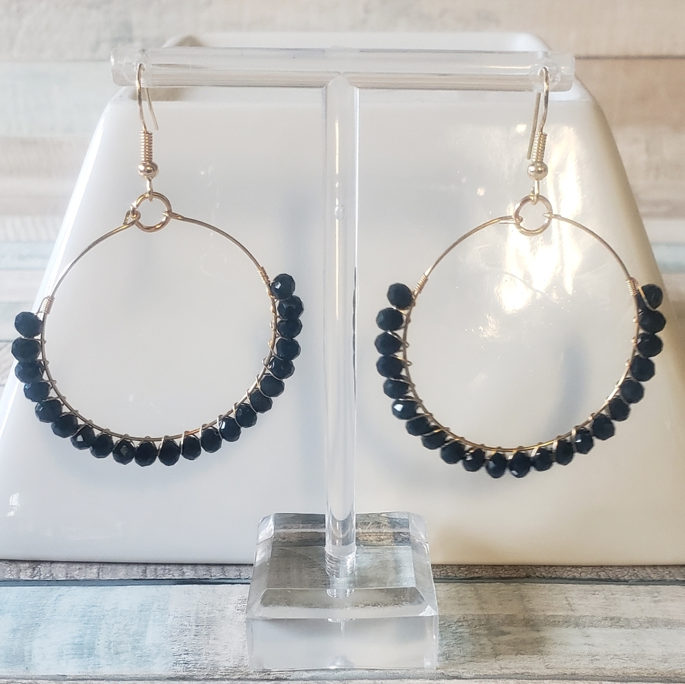 Bohemian navy blue beaded gold hoop earrings, NWOT
